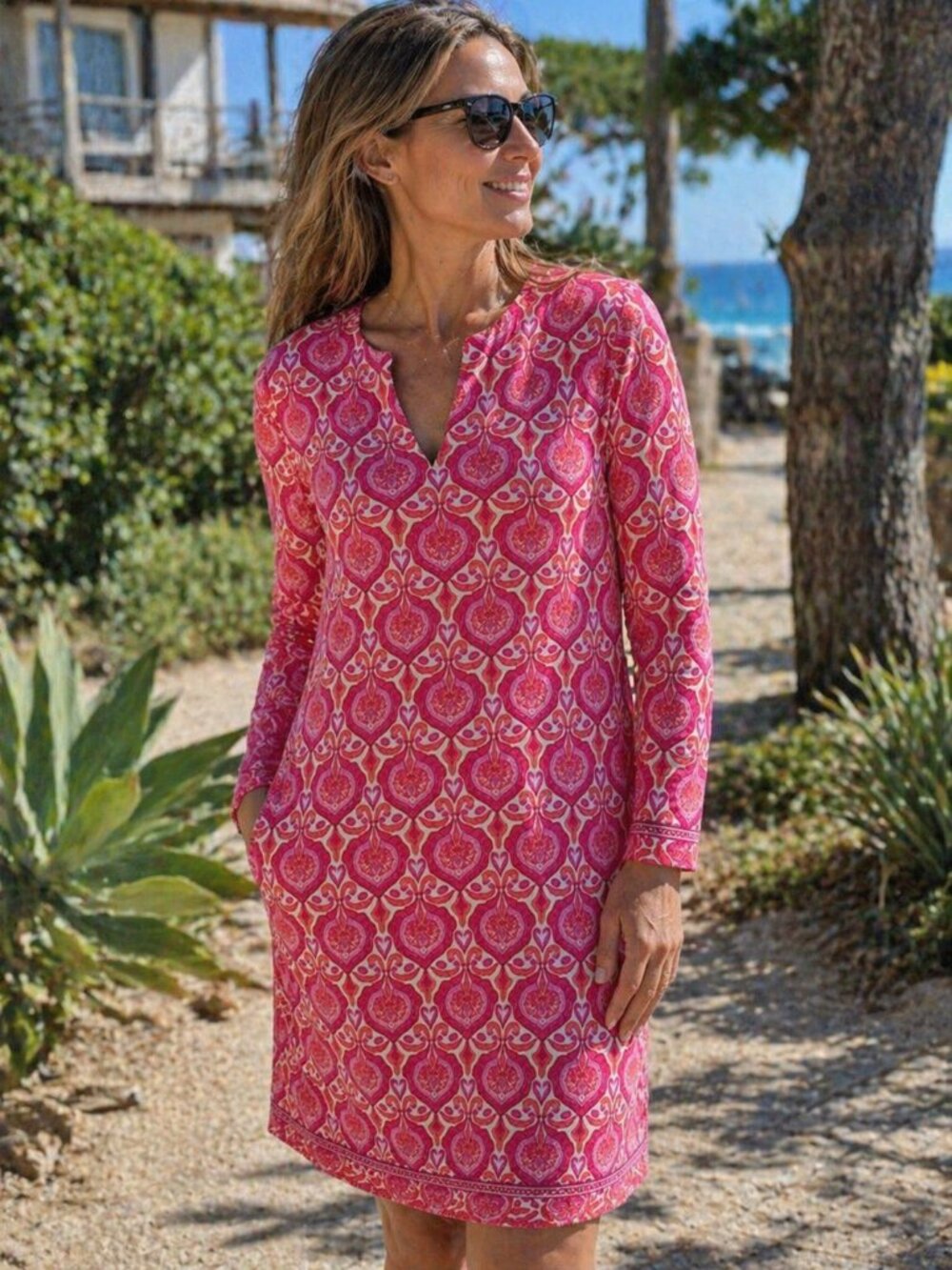 Coolibar UPF 50+ Tunic Dress Medium Pink Paisley Sun Protection Resort